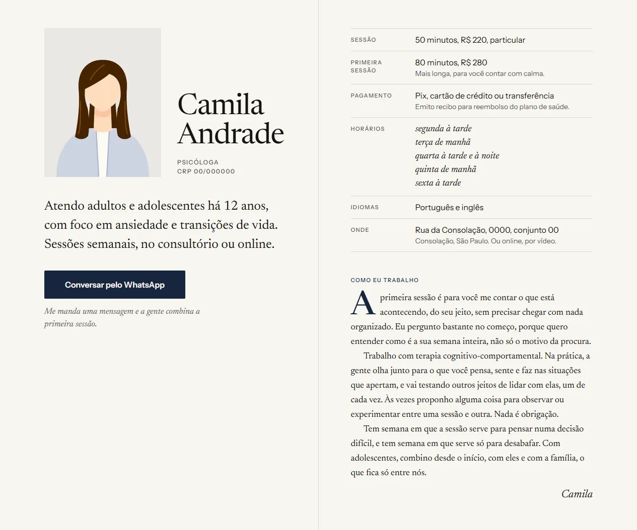 Página de Camila Andrade, psicóloga, no computador
